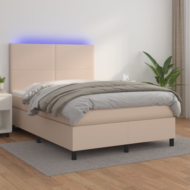 vidaXL Κρεβάτι Boxspring Στρώμα&LED Καπουτσίνο 140x190 εκ. Συνθ. Δέρμα