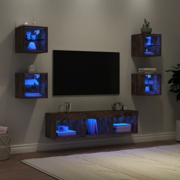 vidaXL Έπιπλα Τοίχου Τηλεόρασης 7 τεμ LED Καπνιστή Δρυς από Επεξ. Ξύλο