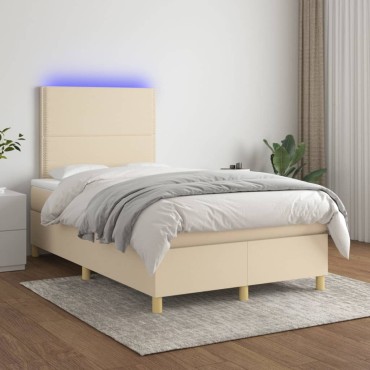 vidaXL Κρεβάτι Boxspring με Στρώμα & LED Κρεμ 120x200cm Υφασμάτινο 1 τεμ. - Μονό