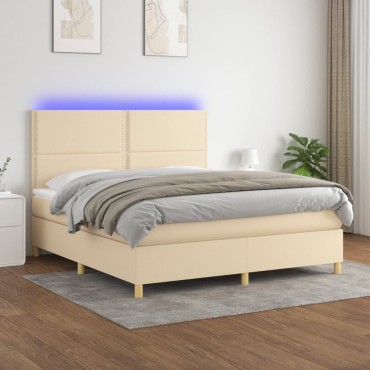vidaXL Κρεβάτι Boxspring με Στρώμα & LED Κρεμ 160x200cm Υφασμάτινο 1 τεμ. - Διπλό