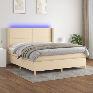 vidaXL Κρεβάτι Boxspring με Στρώμα & LED Κρεμ 160x200cm Υφασμάτινο 1 τεμ. - Διπλό