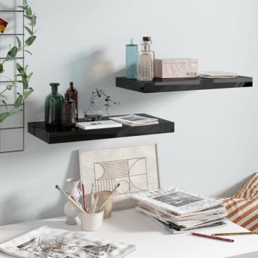 vidaXL Ράφια Τοίχου Γυαλιστερά Μαύρα 2 τεμ. 50x23x3,8cm MDF