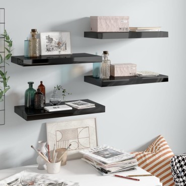 vidaXL Ράφια Τοίχου Γυαλιστερά Μαύρα 4 τεμ. 50x23x3,8cm MDF
