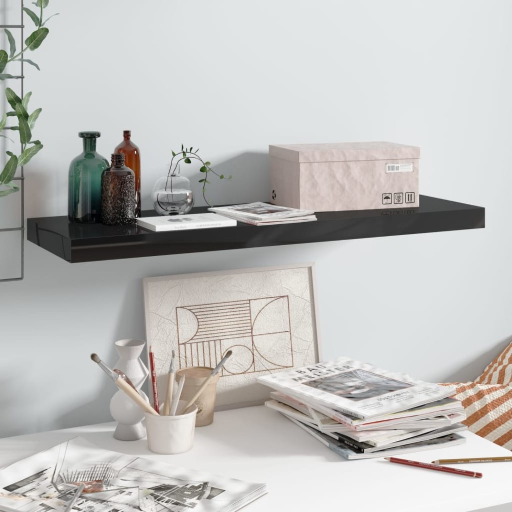 vidaXL Ράφι Τοίχου Γυαλιστερό Μαύρο 80x23,5x3,8cm MDF 1 τεμ.