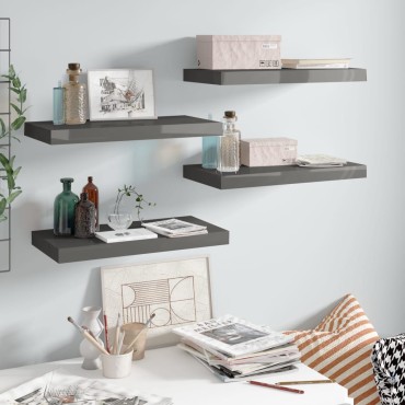 vidaXL Ράφια Τοίχου Γυαλιστερά Γκρι 4 τεμ. 50x23x3,8cm MDF