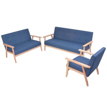 vidaXL Σετ Σαλονιού 3 τεμ. Μπλε Υφασμάτινο 64,5x67x73,5cm  Διθέσιος Τριθέσιος