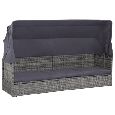 vidaXL Ξαπλώστρα - Κρεβάτι Γκρι 205x62cm Συνθετ. Ρατάν με Σκίαστρο 1 τεμ.