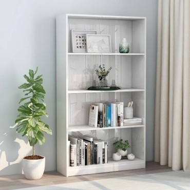 vidaXL Βιβλιοθήκη με 4 Ράφια Γυαλιστερό Λευκό 80x24x142cm Επεξ. Ξύλο 1 τεμ.