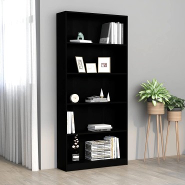 vidaXL Βιβλιοθήκη με 5 Ράφια Μαύρη 80x24x175cm από Επεξ. Ξύλο 1 τεμ.