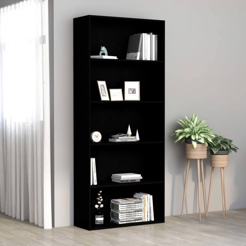 vidaXL Βιβλιοθήκη με 5 Ράφια Μαύρη 80x30x189cm Επεξ. Ξύλο 1 τεμ.