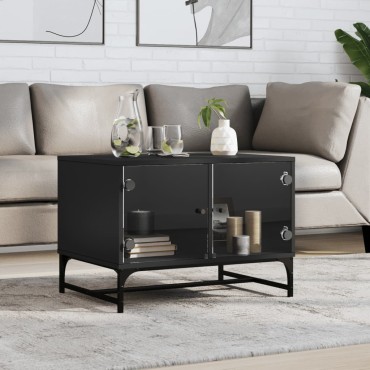 vidaXL Τραπεζάκι Σαλονιού Μαύρο 68,5x50x50cm με Γυάλινες Πόρτες 1 τεμ.