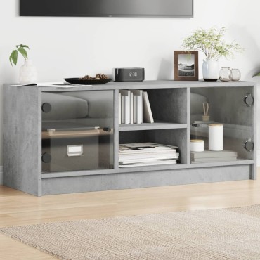 vidaXL Έπιπλο Τηλεόρασης Γκρι Σκυροδ. 102x37x42cm Γυάλινες Πόρτες