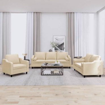 vidaXL Σετ Σαλονιού 3 τεμ. Κρεμ από Ύφασμα Μικροϊνών με Μαξιλάρια 78x77x80cm  Διθέσιος Τριθέσιος
