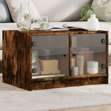 vidaXL Τραπεζάκι Σαλονιού Καπνιστή Δρυς 68x50x42cm με Γυάλινες Πόρτες 1 τεμ.