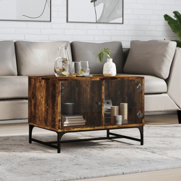 vidaXL Τραπεζάκι Σαλονιού Καπνιστή Δρυς 68,5x50x50cm Γυάλινες Πόρτες 1 τεμ.