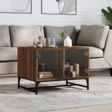 vidaXL Τραπεζάκι Σαλονιού Καφέ Δρυς 68,5x50x50cm με Γυάλινες Πόρτες 1 τεμ.