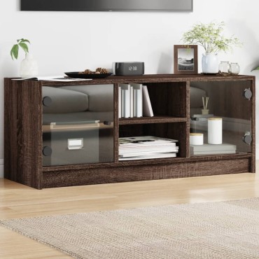 vidaXL Έπιπλο Τηλεόρασης Καφέ Δρυς 102x37x42cm Γυάλινες Πόρτες