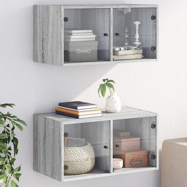 vidaXL Κομοδίνα 2 τεμ. Γκρι Sonoma 68,5x37x35cm με Γυάλινες Πόρτες