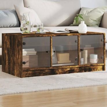 vidaXL Τραπεζάκι Σαλονιού Καπνιστή Δρυς 102x50x42cm με Γυάλινες Πόρτες 1 τεμ.
