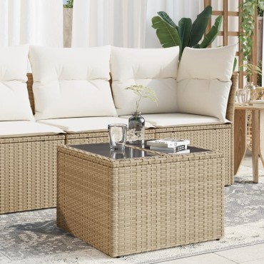 vidaXL Τραπέζι Κήπου με Γυάλινη Επιφάνεια Μπεζ 55x55x37cm Συνθ Ρατάν 1 τεμ.