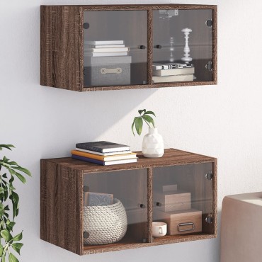vidaXL Κομοδίνα 2 τεμ. Καφέ Δρυς 68,5x37x35cm με Γυάλινες Πόρτες