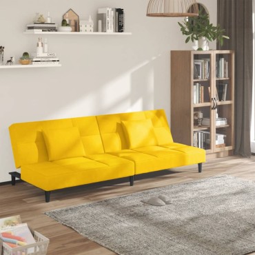 vidaXL Καναπές Κρεβάτι Διθέσιος Κίτρινος Βελούδινος με 2 Μαξιλάρια 200x84,5x69cm 1 τεμ.