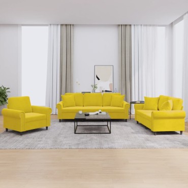 vidaXL Σαλόνι Σετ 3 τεμ. Κίτρινο από Βελούδο με Μαξιλάρια 92x77x80cm  Διθέσιος Τριθέσιος
