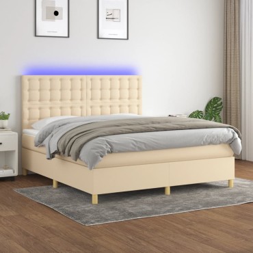 vidaXL Κρεβάτι Boxspring με Στρώμα & LED Κρεμ 180x200cm Υφασμάτινο 1 τεμ. - Διπλό