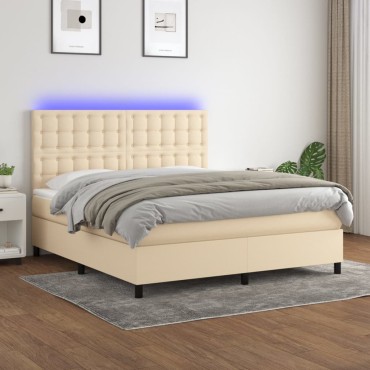 vidaXL Κρεβάτι Boxspring με Στρώμα & LED Κρεμ 180x200cm Υφασμάτινο 1 τεμ. - Διπλό
