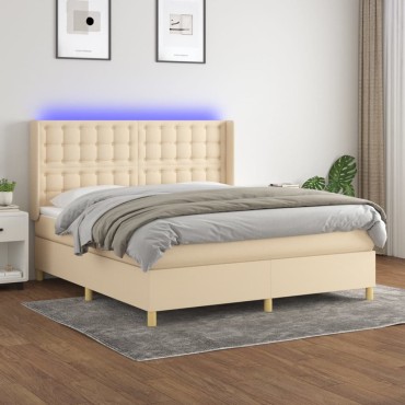vidaXL Κρεβάτι Boxspring με Στρώμα & LED Κρεμ 180x200cm Υφασμάτινο 1 τεμ. - Διπλό