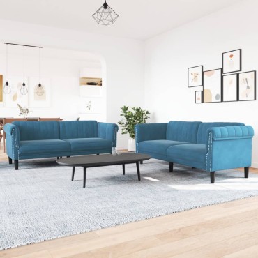 vidaXL Σετ Σαλονιού 2 τεμ. Μπλε από Βελούδο 182x77x74cm  Διθέσιος Τριθέσιος