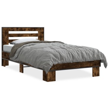 vidaXL Πλαίσιο Κρεβατιού Καπνιστή Δρυς 75x190cm Επεξ. Ξύλο & Μέταλλο 1 τεμ. - Μονό