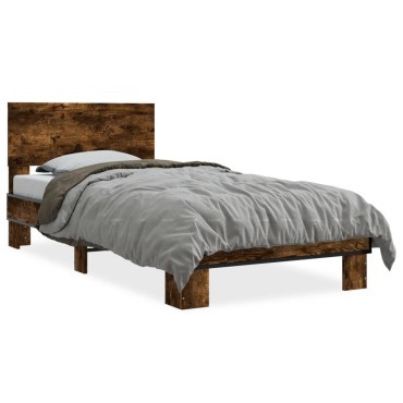 vidaXL Πλαίσιο Κρεβατιού Καπνιστή Δρυς 90x190cm Επεξ.Ξύλο & Μέταλλο 1 τεμ. - Μονό