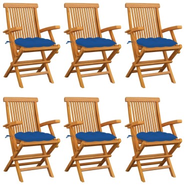 vidaXL Καρέκλες Κήπου 6 τεμ. από Μασίφ Ξύλο Teak με Μπλε Μαξιλάρια 55x60x89cm