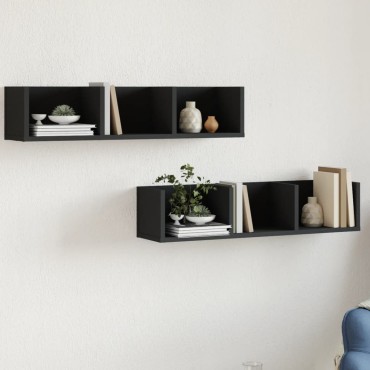 vidaXL Ντουλάπια Τοίχου 2 τεμ. Μαύρα 75x18x16,5cm Επεξεργασμένο Ξύλο
