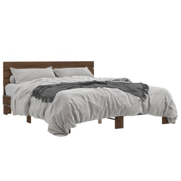 vidaXL Πλαίσιο Κρεβατιού Καφέ Δρυς 160x200cm Επεξ. Ξύλο & Μέταλλο 1 τεμ. - Διπλό