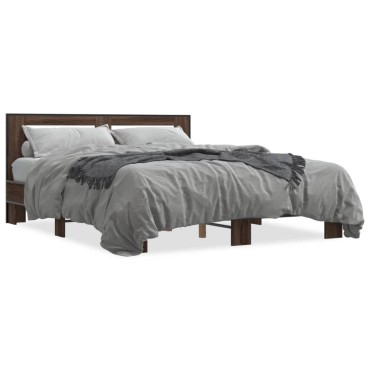 vidaXL Πλαίσιο Κρεβατιού Καφέ Δρυς 150x200cm Επεξ. Ξύλο & Μέταλλο 1 τεμ. - Διπλό
