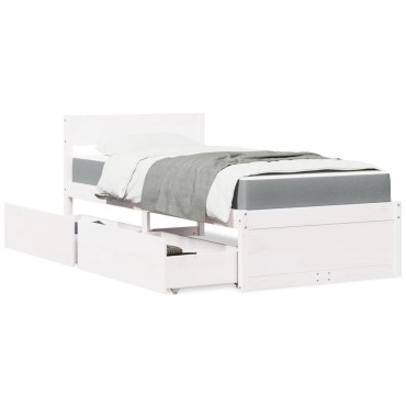 vidaXL Κρεβάτι με Συρτάρια+Στρώμα Λευκό 90x200cm Μασίφ Ξύλο Πεύκου 1 τεμ. - Μονό