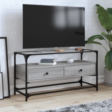 vidaXL Έπιπλο Τηλεόρασης Γυάλ Επιφάνεια Γκρι Sonoma 98x35x51cm Επ Ξύλο