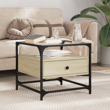 vidaXL Τραπεζάκι Σαλονιού Γυάλινη Επιφ. Sonoma Δρυς 50x50x45cm Ατσάλι 1 τεμ.