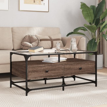 vidaXL Τραπεζάκι Σαλονιού Καφέ Δρυς 98,5x50x45cm με Γυάλινες Πόρτες 1 τεμ.