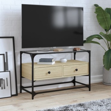 vidaXL Έπιπλο Τηλεόρασης Γυάλ Επιφάνεια Sonoma Δρυς 80x35x51cm Επ Ξύλο