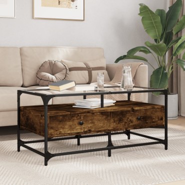 vidaXL Τραπεζάκι Σαλονιού Καπνιστή Δρυς 98,5x50x45cm Γυάλινες Πόρτες 1 τεμ.