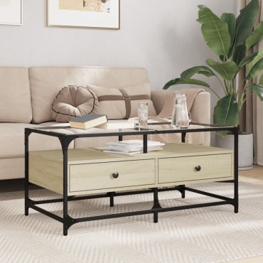 vidaXL Τραπεζάκι Σαλονιού Γυάλινη Επιφ Sonoma Δρυς 98,5x50x45cm Ατσάλι 1 τεμ.