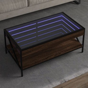 vidaXL Τραπεζάκι Σαλονιού Άπειρο Φως LED Καφέ Δρυς 90x50x38cm 1 τεμ.