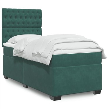 vidaXL Κρεβάτι Boxspring με Στρώμα Σκούρο Πράσινο 90x200 εκ. Βελούδινο