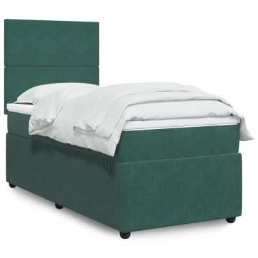 vidaXL Κρεβάτι Boxspring με Στρώμα Σκούρο Πράσινο 90x190 εκ. Βελούδινο