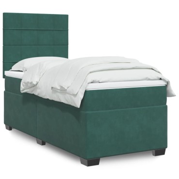 vidaXL Κρεβάτι Boxspring με Στρώμα Σκούρο Πράσινο 90x200 εκ. Βελούδινο