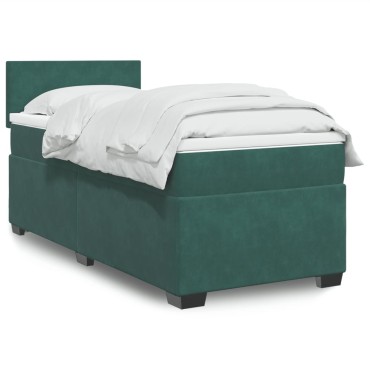 vidaXL Κρεβάτι Boxspring με Στρώμα Σκούρο Πράσινο 90x200 εκ. Βελούδινο