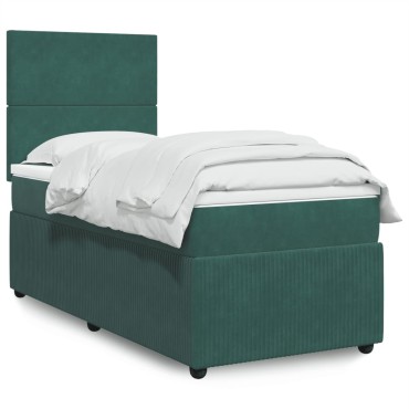 vidaXL Κρεβάτι Boxspring με Στρώμα Σκούρο Πράσινο 90x200 εκ. Βελούδινο